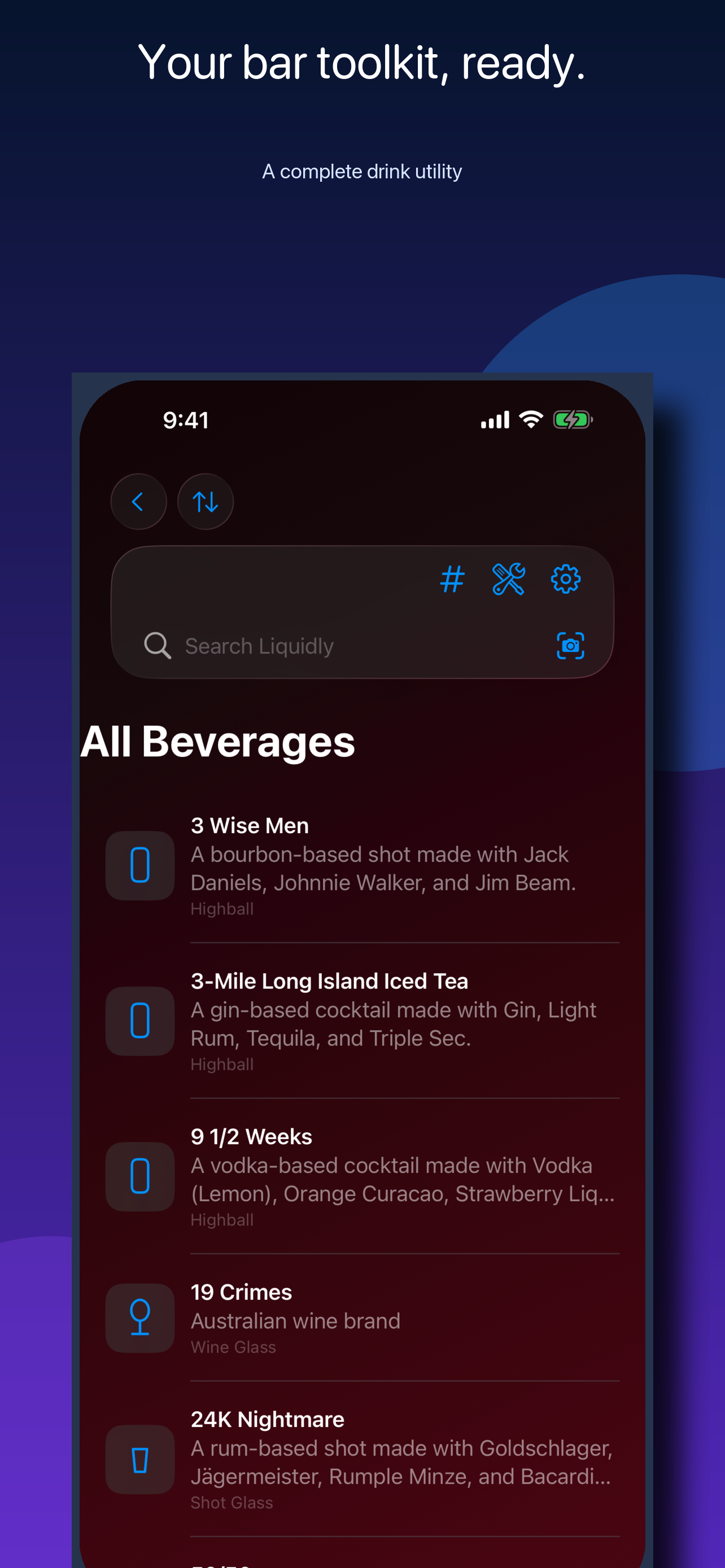 Liquidly drink library showing searchable beverage recipes