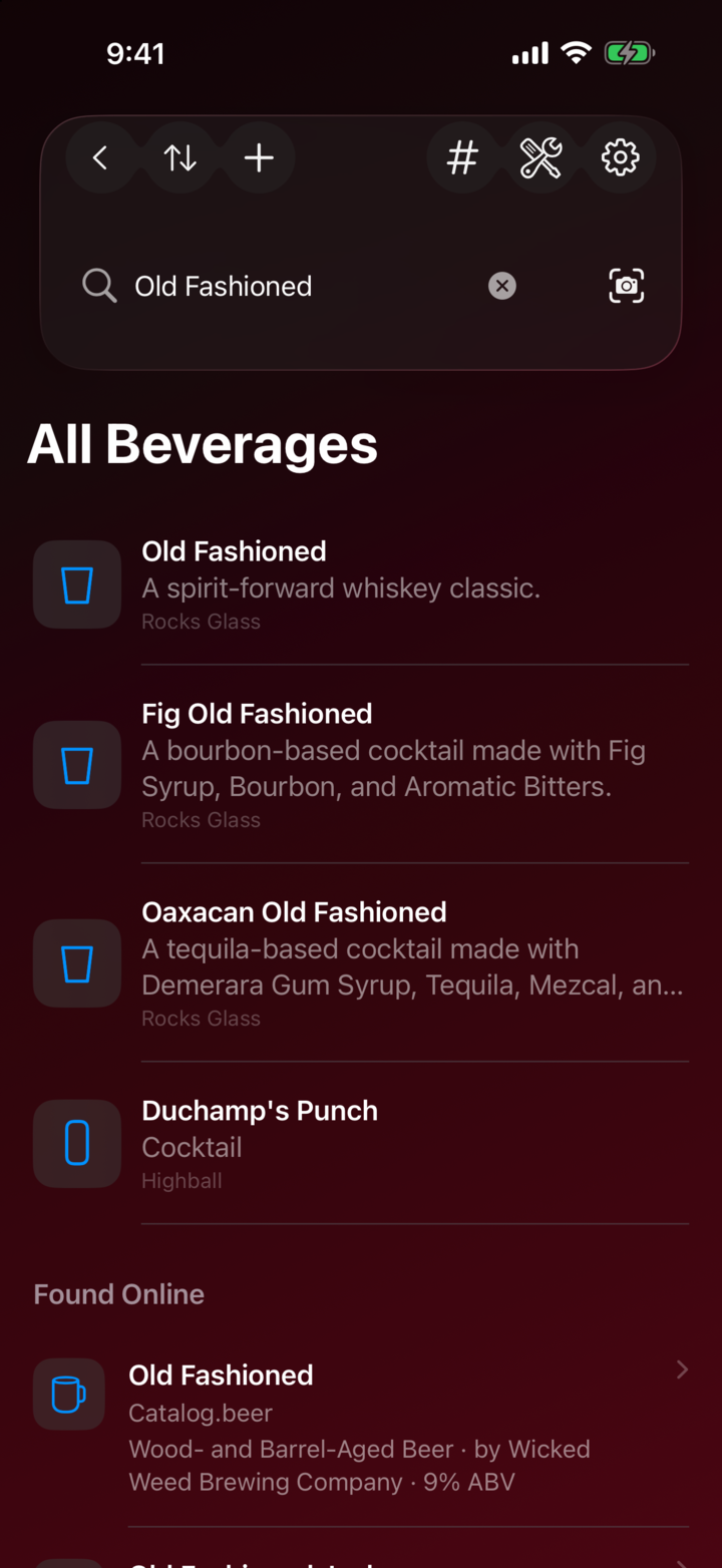 Liquidly main drink library with the Search Liquidly field